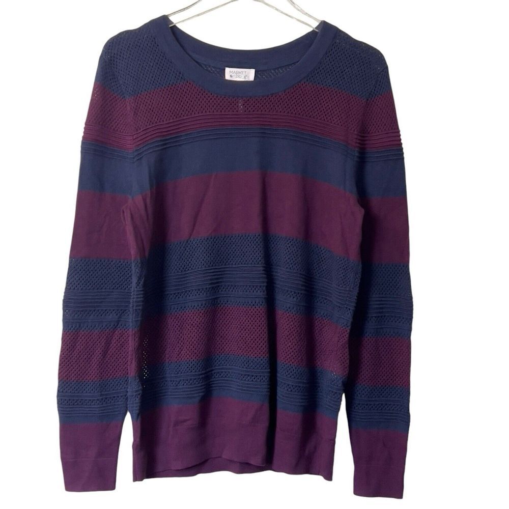 Market & Spruce Striped Navy Purple‎ Long Sleeve Sweater Medium Soft Cozy Casual